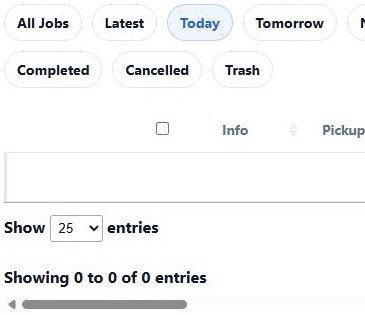 Actual RouteOS booking filters and empty Today booking view, cropped for mobile