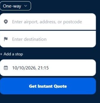 Actual RouteOS mobile journey form with pickup, destination, date, time and quote controls