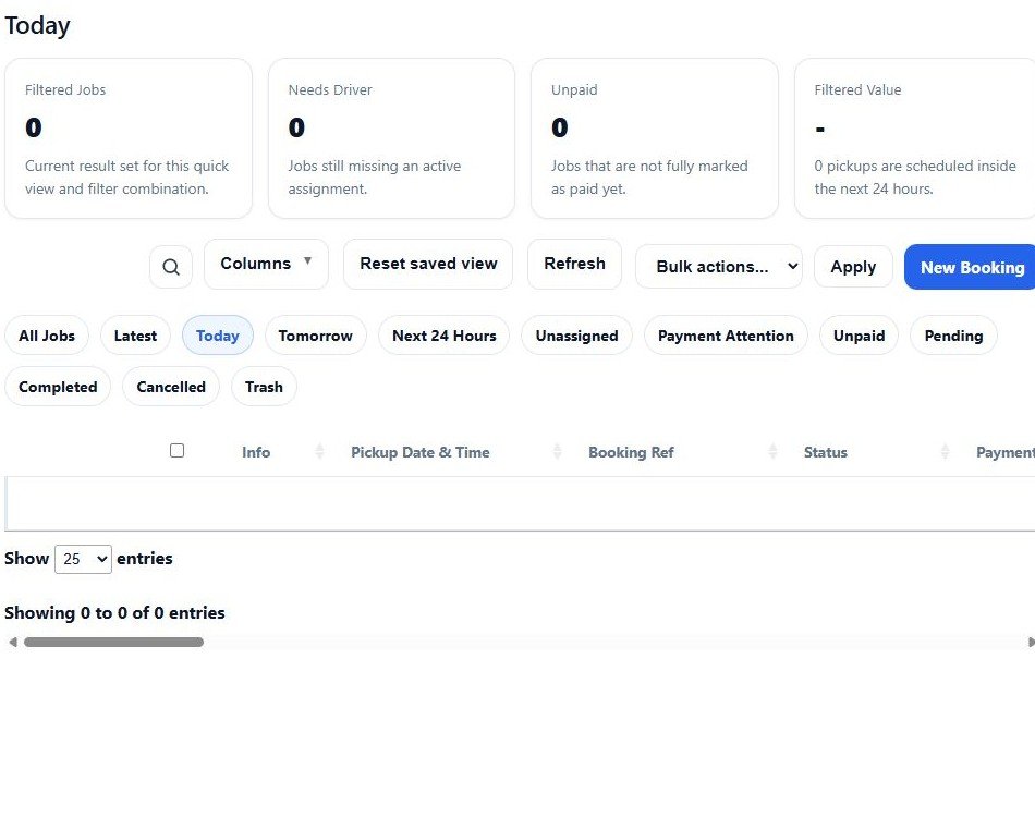 Actual RouteOS Today booking view with no customer records
