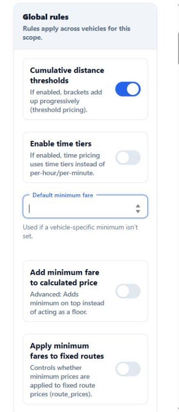 RouteOS minimum fare and pricing controls on mobile
