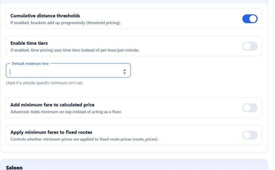 RouteOS distance and time pricing controls and minimum fare settings