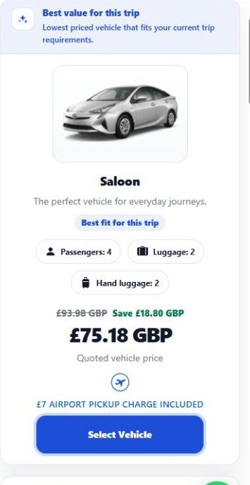 Actual RouteOS vehicle quote selection on mobile