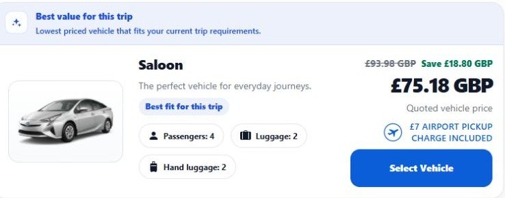 Actual RouteOS vehicle quote selection for an example airport-to-station journey