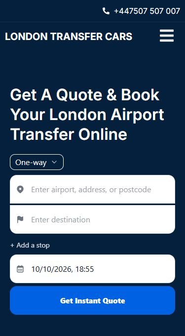 Mobile RouteOS London Transfer Cars website with pickup, destination, date and quote controls