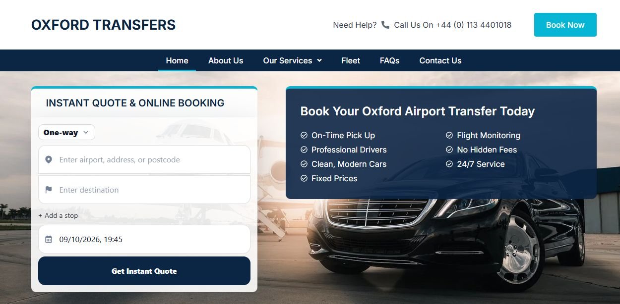 Example Oxford Transfers WordPress website with online quote and booking